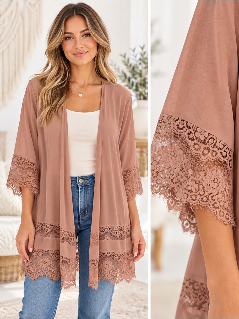 torrid Lace-Trim Open Kimono in Dusty Mauve Size Large